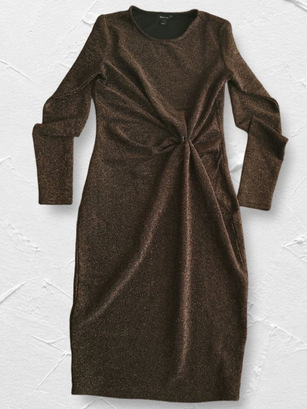 RW&CO Sparkling Brown Ruched Midi Long Sleeve Party Dress (M)